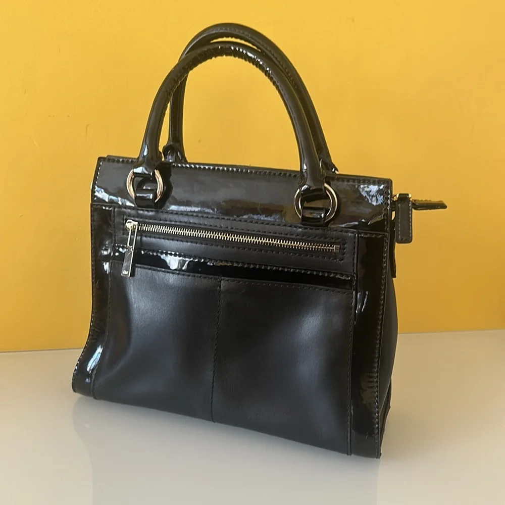Karen Millen Black Patent Leather Structured Satchel Double Handle Tote Bag